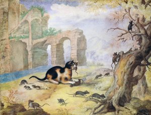 Gatto che uccide topi in un paesaggio da Gottfried Mind or Mindt