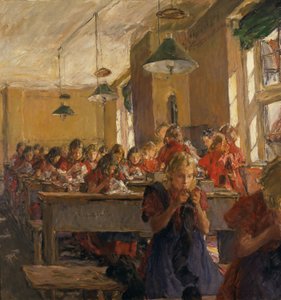 Lezione di cucito in orfanotrofio (olio su tela)