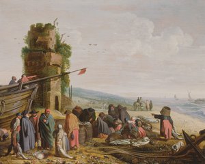 Pescatori sulla spiaggia con il loro pescato da Govaert Jansz
