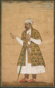 Un cortigiano, possibilmente Khan Alam, che tiene uno spinello e una spada del Deccan da Govardhan