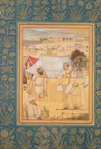Musicisti e Cantanti Si Inginocchiano ai Margini di un Campo Mughal. Un Yogi e un Servitore Li Ascoltano, dal Minto Album, c.1630 da Govardhan