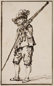 Un soldato in piedi con un moschetto sulla spalla da Govert Flinck