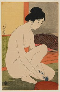 Donna che si Bagna, era Taisho, ottobre 1915 (stampa a blocchi di legno a colori)