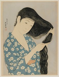 Donna che si pettina i capelli, era Taisho, marzo 1920 (stampa a blocchi di legno a colori) da Goyo Hashiguchi