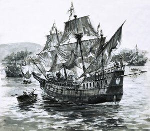 La nave di Drake, la Golden Hind, torna zoppicando a Portsmouth con immense ricchezze.