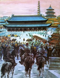 Marco Polo, con il padre e lo zio, si avvicina al palazzo del Gran Khan, XX secolo (litografia) da Graham Coton