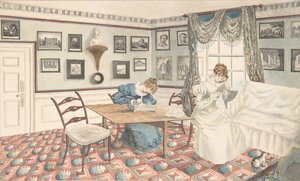 Due giovani donne che scrivono e cuciono in un interno a Hatton, Warwickshire da Granddaughters of Dr. Samuel Parr.