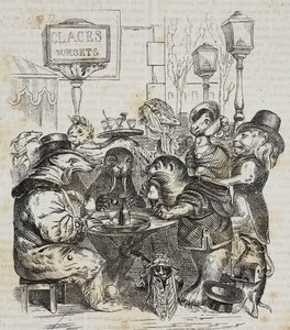 Bestie sedute in una gelateria, litografia di Giovanni Mariani dopo una caricatura di Jean-Jacques Grandville da Poliorama Pittoresco, n. 24, 21 gennaio da Grandville