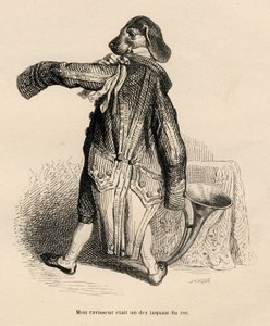 Cane nel ruolo di un lacchè del re. Vignette illustrate da JJ Granville. Incisione firmata Caque nella parte "Storia di una lepre" scritto da PJ Stahl in "Scene della vita privata e pubblica degli animali". Parigi, J. Hetzel et Paulin