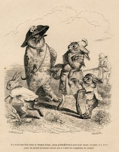 Due piccoli lepri con la loro sorella maggiore fermati da un gufo in un campo. Una volpe che caccia si trova dietro di loro. Vignette illustrate da JJ Granville. Incisione firmata Breviere nella parte "Histoire d