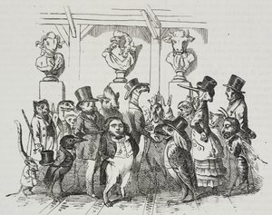 Uscita dal teatro, caricatura di Jean-Jacques Grandville, litografia di Giovanni Mariani da Poliorama Pittoresco, n. 39, 7 maggio