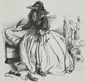 Donna letterata, caricatura di Jean-Jacques Grandville (1803-1847), litografia di Giovanni Mariani da Poliorama Pittoresco, n. 18, 11 dicembre