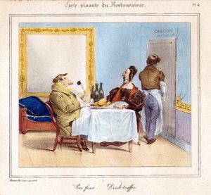 La carta vivente del Ristoratore: Maiale fresco e tacchino tartufato. 1831-32 (litografia) da Grandville