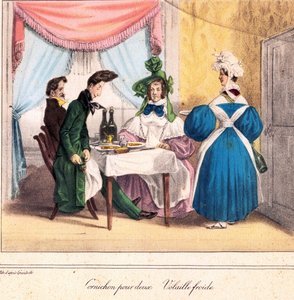 La carta vivente del ristoratore: Sottaceto per due, pollo freddo 1831-32 (litografia) da Grandville