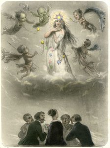 Allegoria di una giovane donna circondata da 4 sospiranti, che si paragona a un pianeta intorno al quale gravitano quattro satelliti, uno dei quali diventerà il suo sole. Incisione di Grandville che illustra un capitolo del libro di Méry: "Le Stelle"