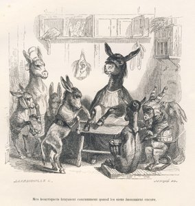 Asini a scuola. Vignette illustrate da JJ Granville. Incisione firmata Caque nella parte intitolata "Guide-ane a l