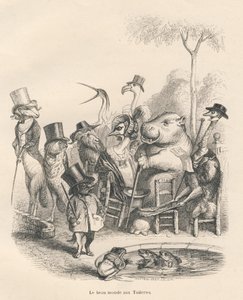 Animali in abiti eleganti che passeggiano alle Tuileries. Vignette illustrate da JJ Granville. Incisione firmata Andrew, Best e Leloir nella parte "Histoire d