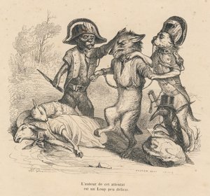 Arresto di un lupo che ha appena ucciso due pecore. Vignette illustrate da JJ Granville. Incisione firmata Andrew, Best e Leloir nella parte intitolata "Corte criminale di giustizia animale" scritto da Emile de La Bedolliere in "Scene della vita privata e  da Grandville