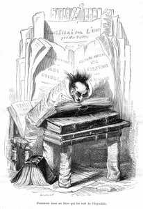 Cartone animato: Crisalide di uno studioso sepolto nei libri di una biblioteca - Incisione di Grandville, estratta dal libro 