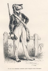 Cane in abiti da caccia. Vignette illustrate da JJ Granville. Incisione firmata Caque nella parte intitolata "Ricordi di una vecchia cornacchia" scritto da PJ Stahl in "Scene della vita privata e pubblica degli animali". Parigi, J. Hetzel e Paulin da Grandville