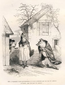 Conversazione tra un cane, una gallina e una volpe. Vignette illustrate da JJ Granville. Incisione firmata Godard nella parte intitolata "Un renard pris au piège" scritto da Charles Nodier in "Scènes de la vie privée et publique des animaux" da Grandville