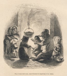 Due visitatori vengono a importunare la famiglia orso seduta davanti al camino all