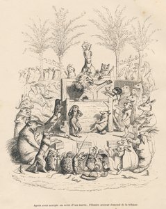 Discorso politico del leone in una tribuna circondato da tutti gli altri animali. Vignette illustrate da JJ Granville. Incisione firmata Godard nel prologo intitolato "Riassunto parlamentare" scritto da PJ Stahl in "Scene della vita privata e pubblica degl da Grandville