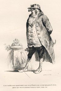 Falco rovinato dalle rivoluzioni. Vignette illustrate da JJ Granville. Incisione firmata Breviere nella parte intitolata "Ricordi di una vecchia cornacchia" scritto da PJ Stahl in "Scene della vita privata e pubblica degli animali". Parigi, J. Hetzel e Pau