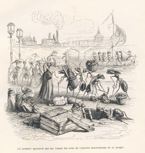 Formiche in piena attività sulle rive della Senna. Vignette illustrate da JJ Granville. Incisione firmata Porret nella parte intitolata "Viaggio di un passero di Parigi" scritto da George Sand in "Scene della vita privata e pubblica degli animali". Parigi da Grandville