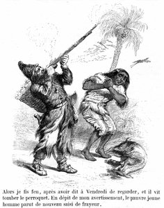 Illustrazione del romanzo Robinson Crusoe di Daniel Defoe da Grandville - edizione Garnier 1869 p193. Robinson spara con un fucile davanti a Venerdì spaventato.