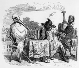 Favola di La Fontaine (di Jean de La Fontaine): la volpe e la cicogna, incisione di J.J. Grandville, c. 1838-40 da Grandville (1803 47)