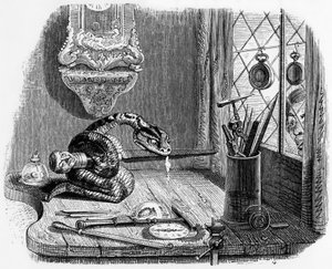 Favola di La Fontaine (di Jean de La Fontaine): il serpente e la lima, incisione di J.J. Grandville, c. 1838-40 da Grandville (1803 47)