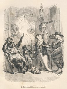 Il pigro sbadigliò mentre aspettava. Vignette illustrate da JJ Granville. Incisione firmata Godard nella parte intitolata "Gli animali medici" scritto da Pierre Bernard in "Scene della vita privata e pubblica degli animali". Parigi, J. Hetzel et Paulin da Grandville