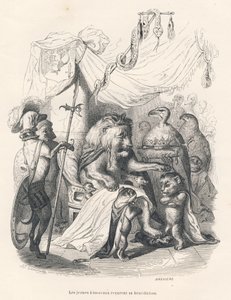 I giovani leoncini ricevono la benedizione del re leone. Vignette illustrate da JJ Granville. Incisione firmata Breviere nella parte intitolata "Viaggio di un leone d