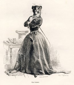Leonessa con una pistola e una frusta. Vignette illustrate da JJ Granville. Incisione firmata Andrew, Best e Leloir nella parte intitolata "Viaggio di un leone d