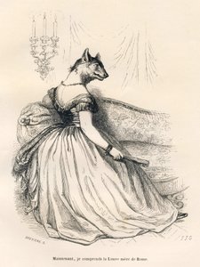 Lupa, seduta su una poltrona. Vignette illustrate da JJ Granville. Incisione firmata Breviere nella parte intitolata "Viaggio di un passero di Parigi" scritto da George Sand in "Scene della vita privata e pubblica degli animali". Parigi, J. Hetzel e Paulin da Grandville