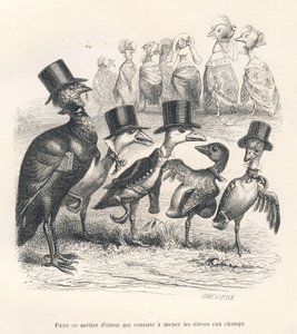 Mestiere di oca che consiste nel portare gli alunni nei campi. Le oche si allontanano dal loro bambino. Vignette illustrate da JJ Granville. Incisione firmata Breviere nella parte intitolata "Guida-asino per gli animali che vogliono raggiungere gli onori" 