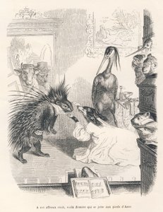 Opera con un porcospino, un cane e un airone sulla scena. Vignette illustrate da JJ Granville. Incisione firmata Godard nella parte intitolata "Il primo feuilleton di Pistolet" scritto da Jules Janin in "Scene della vita privata e pubblica degli animali" da Grandville