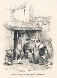 Trappola: Gatto che osserva i topi venuti a piangere quello che è stato fatto prigioniero. Vignette illustrate da JJ Granville. Incisione firmata Andrew, Best et Leloir nella parte intitolata "Le rat philosophe" scritta da Edouard Lemoine in "Scenes de la 