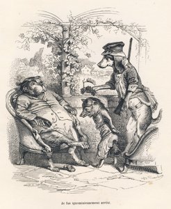 Volpe arrestata da un cane. Vignette illustrate da JJ Granville. Incisione firmata Godard nella parte intitolata "Una volpe presa in trappola" scritto da Charles Nodier in "Scene della vita privata e pubblica degli animali". Parigi, J. Hetzel e Paulin da Grandville