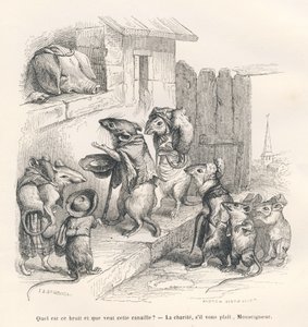 Topo che fa la carità a un maiale. Vignette illustrate da JJ Granville. Incisione firmata Andrew, Best e Leloir nella parte intitolata "Il topo filosofo" scritto da Edouard Lemoine in "Scene della vita privata e pubblica degli animali". Parigi, J. Hetz