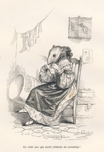 Topo che rammenda una calza. Vignette illustrate da JJ Granville. Incisione firmata Andrew, Best et Leloir nella parte intitolata "Le rat philosophe" scritta da Edouard Lemoine in "Scenes de la vie privee et publique des animaux". Paris, J. Hetzel et Pauli