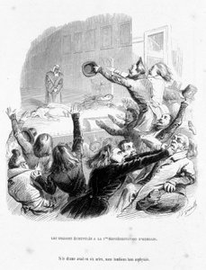 I Romani hanno la prima rappresentazione di Hernani di Victor Hugo (1830). Cartone in 
