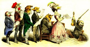 Il concerto vocale - Corale: cantanti con testa di animali con direttore di coro rappresentato come scimmia - litografia di Grandville (Jean Ignace Isidore Gerard 1808-1847) dal libro "Les Metamorphoses du Jour" 1828 da Grandville (1803 47)