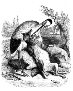Il lupo e la cicogna: favola di La Fontaine illustrata da Grandville. Edizione Garnier 1860. La cicogna è rappresentata come un medico (ricompense sbagliate per la sua devozione!) da Grandville (1803 47)