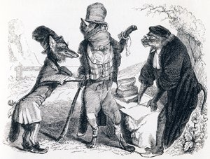 Il lupo che accusa la volpe davanti alla scimmia - Favole di La Fontaine da Grandville