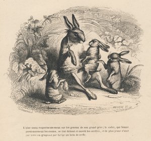 Tre bambini conigli che ascoltano il loro nonno ferito raccontare storie. Vignette illustrate da JJ Granville. Incisione firmata Breviere nella parte "Storia di una lepre" scritto da PJ Stahl in "Scene della vita privata e pubblica degli animali". Parigi da Grandville