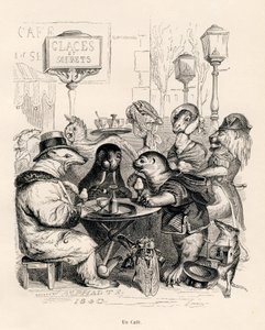 Un caffè frequentato da animali di ogni genere. Vignette illustrate da JJ Granville. Incisione firmata Godard nella parte intitolata "Voyage d