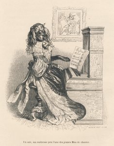 Un cane che canta al pianoforte. Vignette illustrate da JJ Granville. Incisione firmata Andrew, Best e Leloir nella parte intitolata "Pene di corte di una gatta inglese" scritto da Honoré de Balzac in "Scene della vita privata e pubblica degli animali". Pa da Grandville