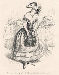 ... fuori dal teatro, questi animali sono ancora più brutti. Vignette illustrate da JJ Granville. Incisione firmata Godard nella parte intitolata "Il primo feuilleton di Pistolet" scritto da Jules Janin in "Scene della vita privata e pubblica degli animali da Grandville
